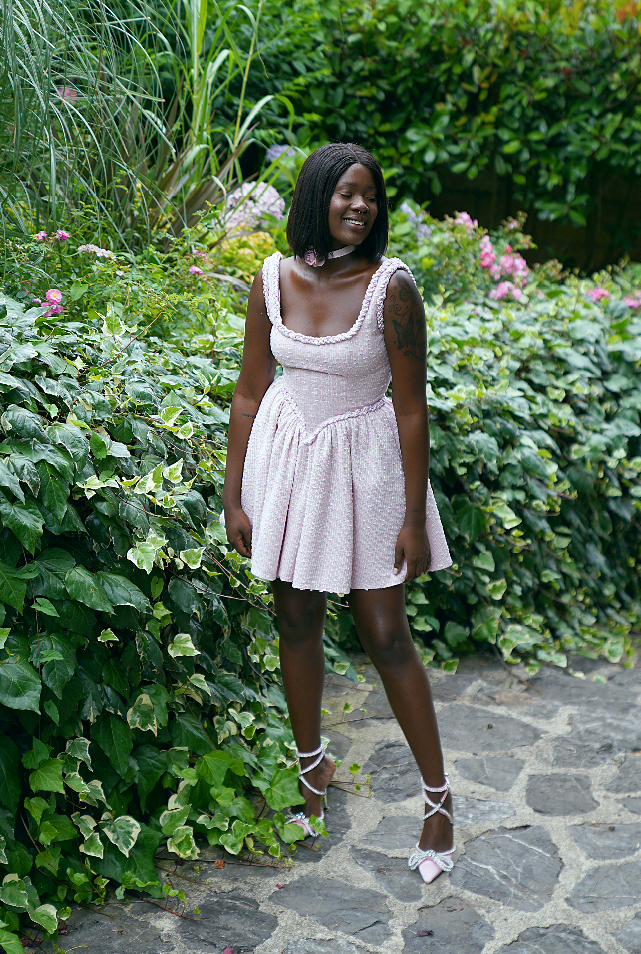 Pink tweed mini dress deals