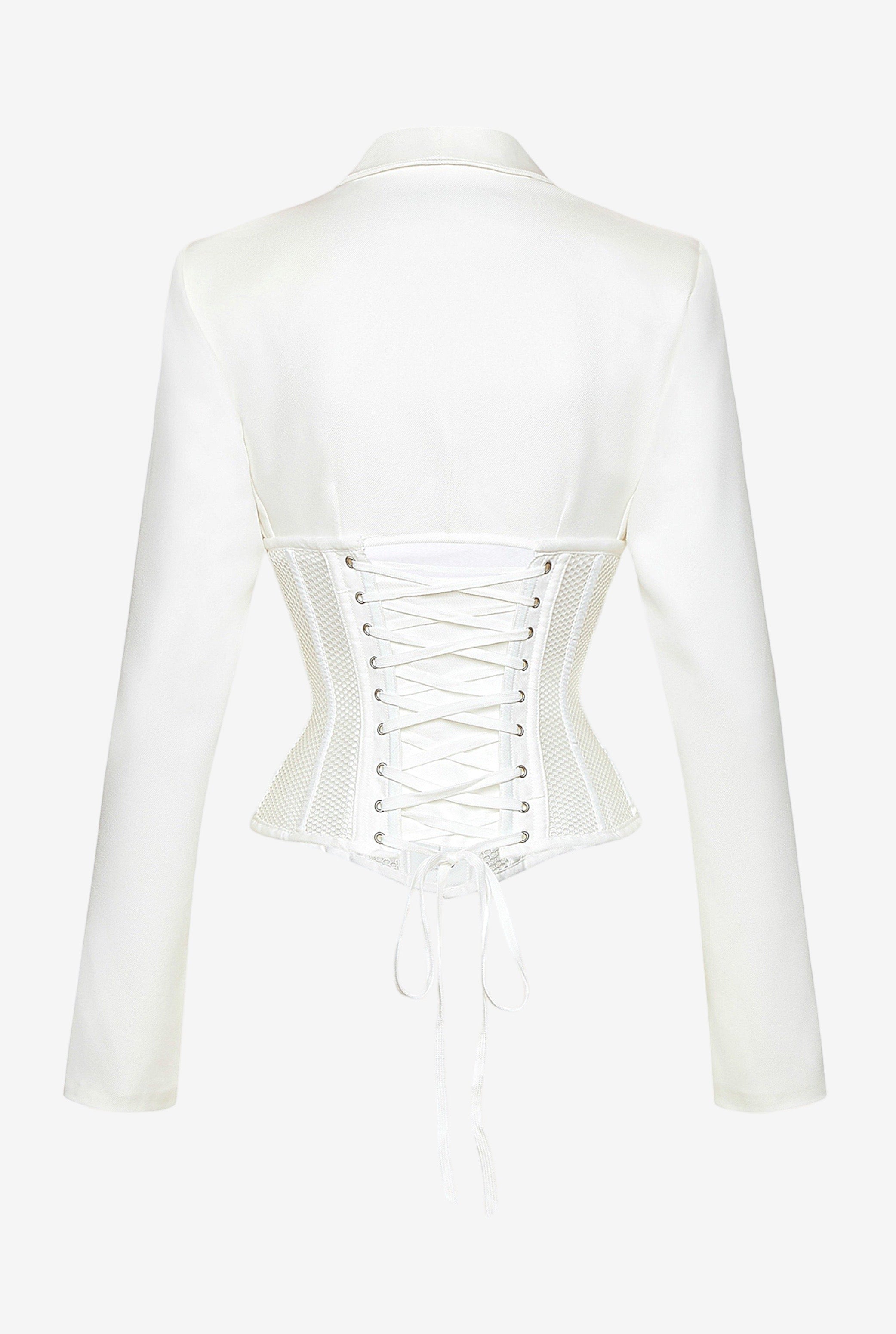 plus white constructed corset waist blazer dress AKIRA Business In The Front Corset Blazer Mini Dress